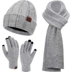 Womens Winter Warm Knit Beanie Hat Touchscreen Gloves Long Neck Scarf Set